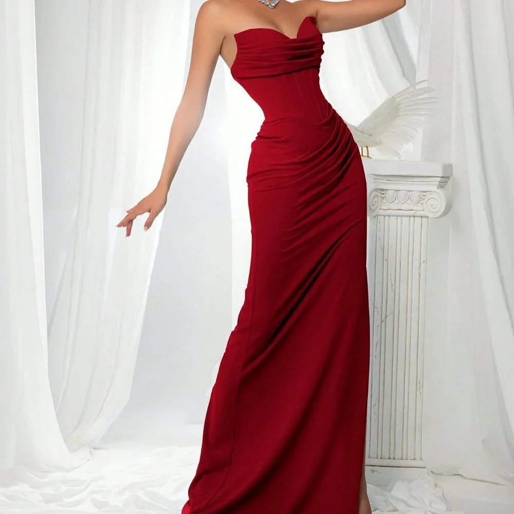 Red Party Women's Elegant Flattering Fitted Strapless Satin maxi Dress